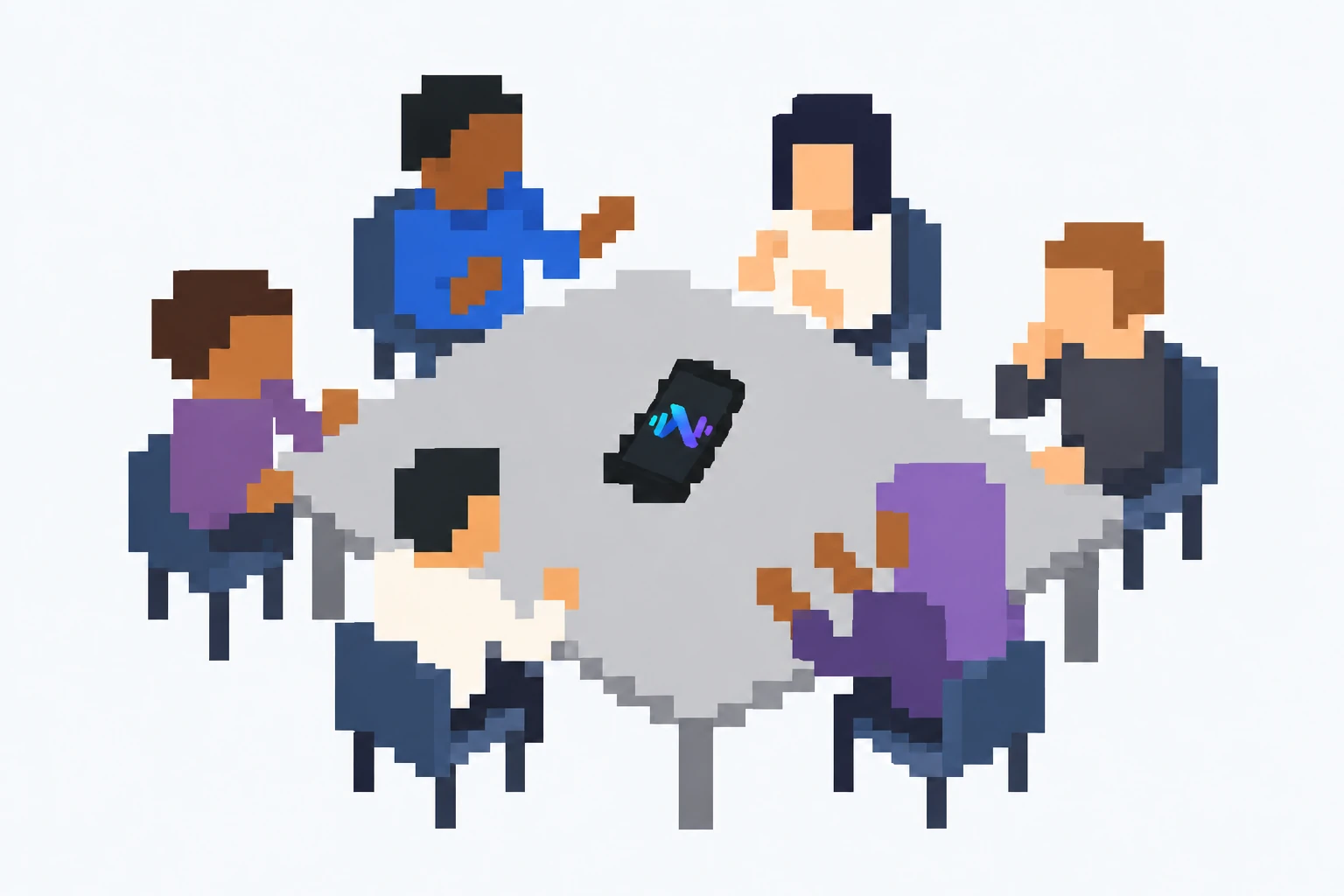 People with diverse skin tones meeting around a table with a VoxLingo smartphone at its center.